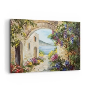 Cuadro sobre lienzo - Impresión de Imagen - Paisaje costero con edificios de piedra y flores. - 120x80cm - El encanto del paisaje costero - Decoración de pared moderna para salón y dormitorio ARTTOR