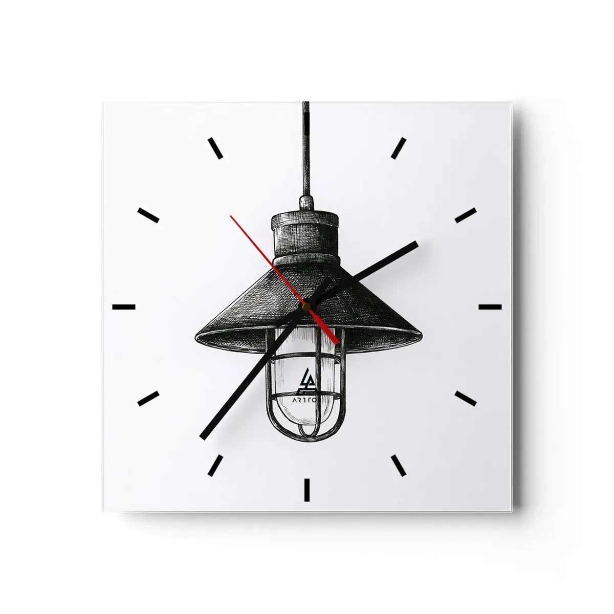 Reloj de pared - Reloj de vidrio - Dibujo de una lámpara colgante retro sobre fondo blanco. - 30x30cm - Como hace años... - Decoración de pared moderna para salón y dormitorio ARTTOR