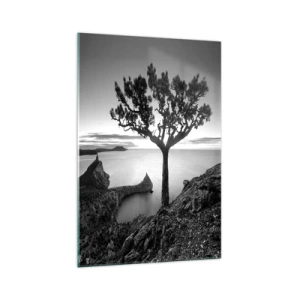 Cuadro sobre vidrio - Impresiones sobre Vidrio - Paisaje en blanco y negro con un árbol solitario en un acantilado sobre el mar. - 70x100cm - Calma hasta el horizonte - Decoración de pared moderna para salón y dormitorio ARTTOR