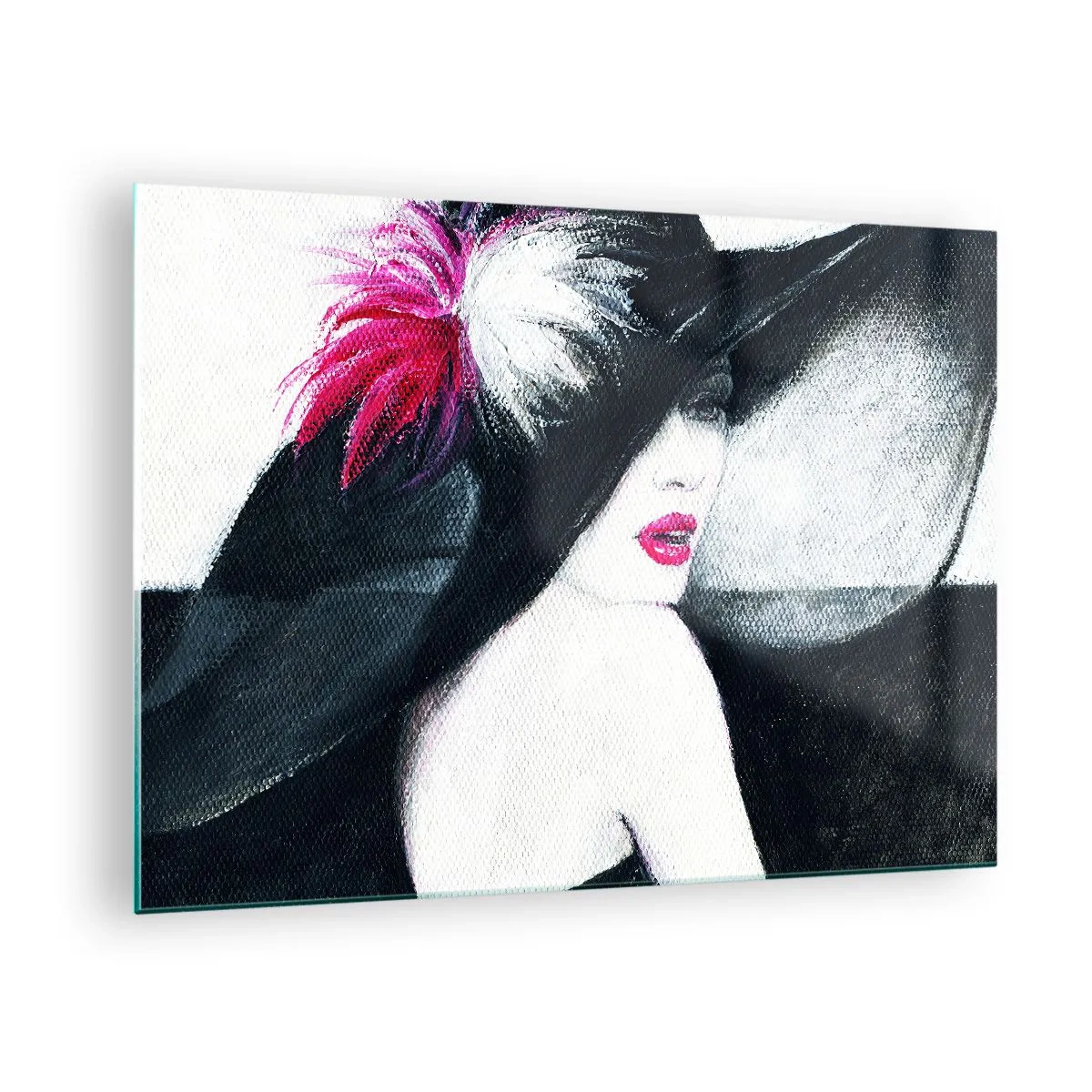 Cuadro sobre vidrio - Impresiones sobre Vidrio - Retrato de una mujer con un gran sombrero con una pluma rosa. - 70x50cm - Siempre un misterio - Decoración de pared moderna para salón y dormitorio ARTTOR