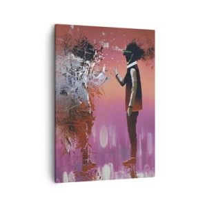 Cuadro sobre lienzo - Impresión de Imagen - Una escena abstracta con una figura futurista y elementos dispersos. - 50x70cm - ¿Es posible mirar dentro de uno mismo? - Decoración de pared moderna para salón y dormitorio ARTTOR