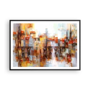 Póster en marco negro - Un pintoresco panorama de la ciudad con un puente en colores otoñales. - 100x70cm - Puente y ciudad - Decoración de pared moderna para salón y dormitorio ARTTOR