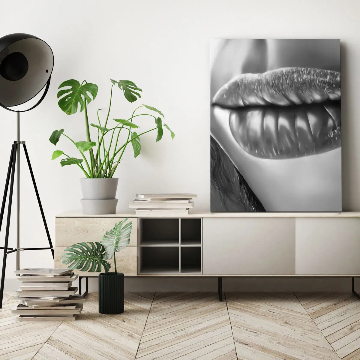 Cuadro sobre lienzo - Impresión de Imagen - Primer plano en blanco y negro de los labios de una mujer con efecto brillante y detalles. - 70x100cm - Sé lo que estás pensando... - Decoración de pared moderna para salón y dormitorio ARTTOR