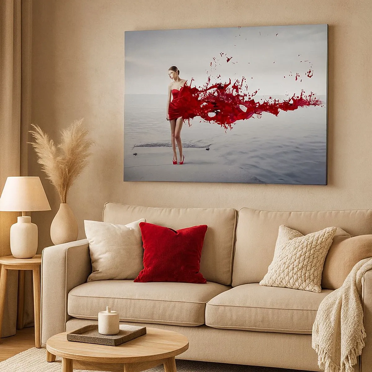Cuadro sobre lienzo - Impresión de Imagen - Una mujer con un vestido rojo en una composición artística junto al agua. - 70x50cm - Apasionada como la escarlata - Decoración de pared moderna para salón y dormitorio ARTTOR