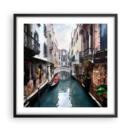 Póster en marco negro - Paisaje veneciano con góndola y puente - 50x50 cm