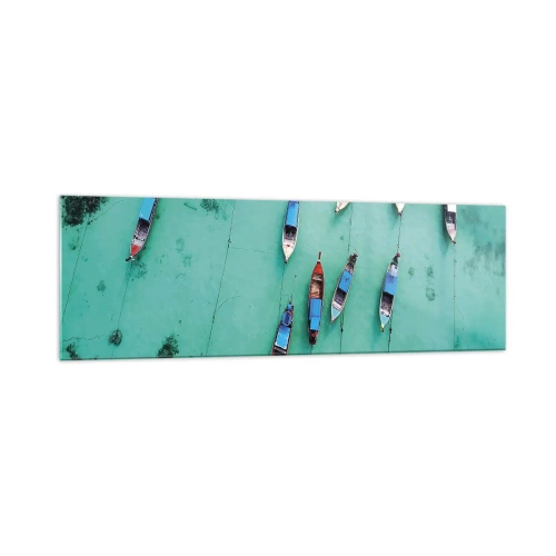 Cuadro sobre vidrio - Impresiones sobre Vidrio - Una vista aérea de barcos en aguas turquesas. - 160x50cm - En alegre espera - Decoración de pared moderna para salón y dormitorio ARTTOR