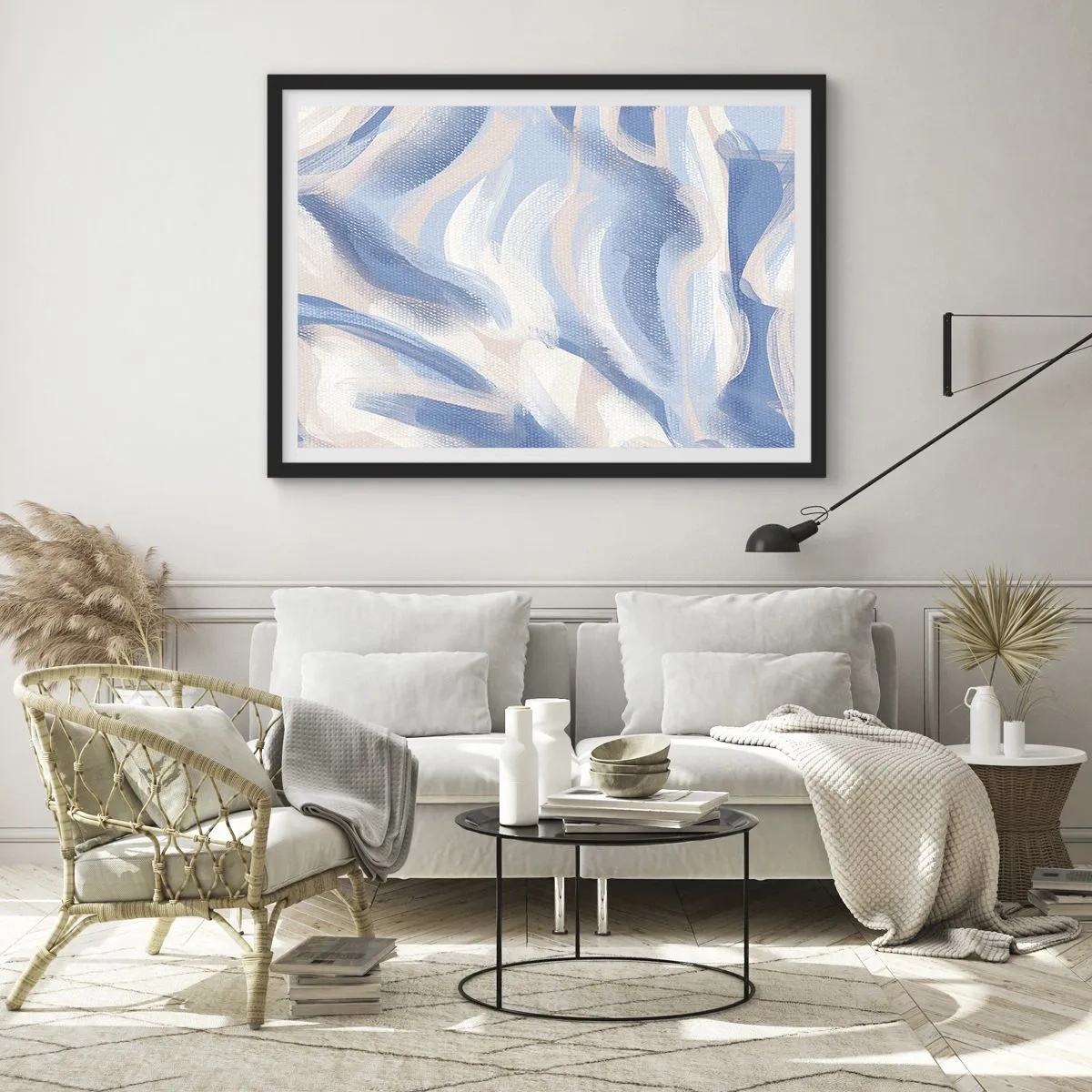 Póster en marco negro - Pinceladas abstractas en tonos azules y beige - 70x50cm - Ondas azules - Decoración de pared moderna para salón y dormitorio ARTTOR