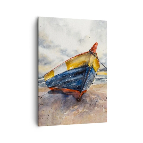 Cuadro sobre lienzo - Impresión de Imagen - Un pintoresco barco en la playa bajo un cielo nublado. - 50x70cm - Descansando en la orilla - Decoración de pared moderna para salón y dormitorio ARTTOR