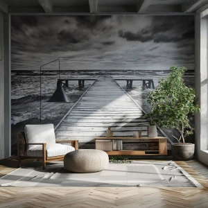 Fotomural Premium Canvas - Una vista en blanco y negro de un embarcadero de madera sobre un mar tempestuoso. - 100x70cm - Estoy esperando que sople el viento... - Decoración de pared moderna para salón y dormitorio ARTTOR