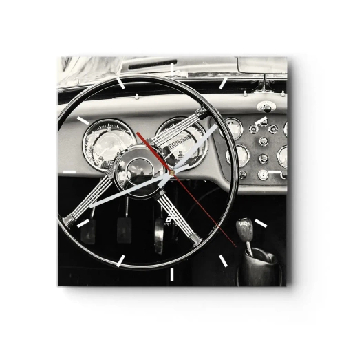 Reloj de pared - Reloj de vidrio - Interior de coche clásico en blanco y negro - 30x30cm - El sueño de un coleccionista - Decoración de pared moderna para salón y dormitorio ARTTOR