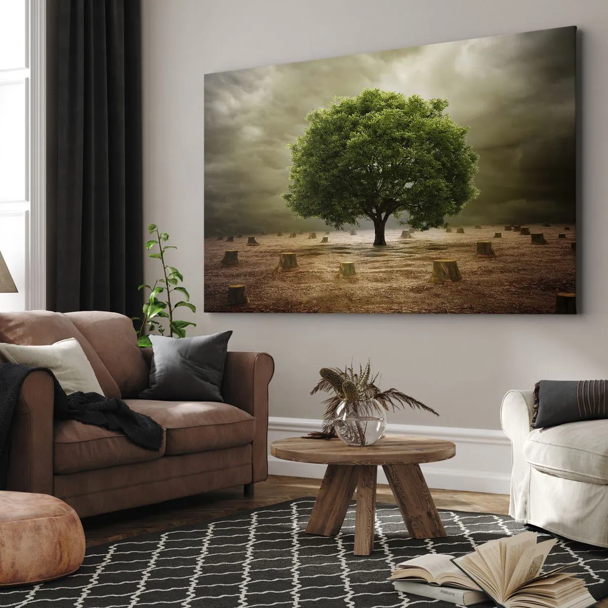Cuadro sobre lienzo - Impresión de Imagen - Un árbol verde rodeado de troncos talados contra un cielo nublado. - 100x70cm - La esperanza - Decoración de pared moderna para salón y dormitorio ARTTOR