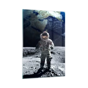 Cuadro sobre vidrio - Impresiones sobre Vidrio - Astronauta en la superficie de la Luna con la Tierra al fondo - 80x120cm - Saludos desde la Luna - Decoración de pared moderna para salón y dormitorio ARTTOR