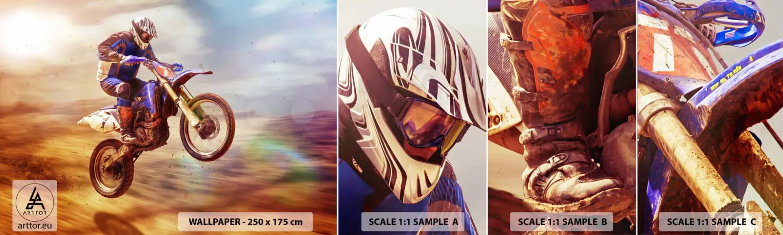 Muestra de fotomural autoadhesivo Deluxe Sticker - Vértigo sobre dos ruedas - motocross, Deporte, Motociclista - 100x30 cm