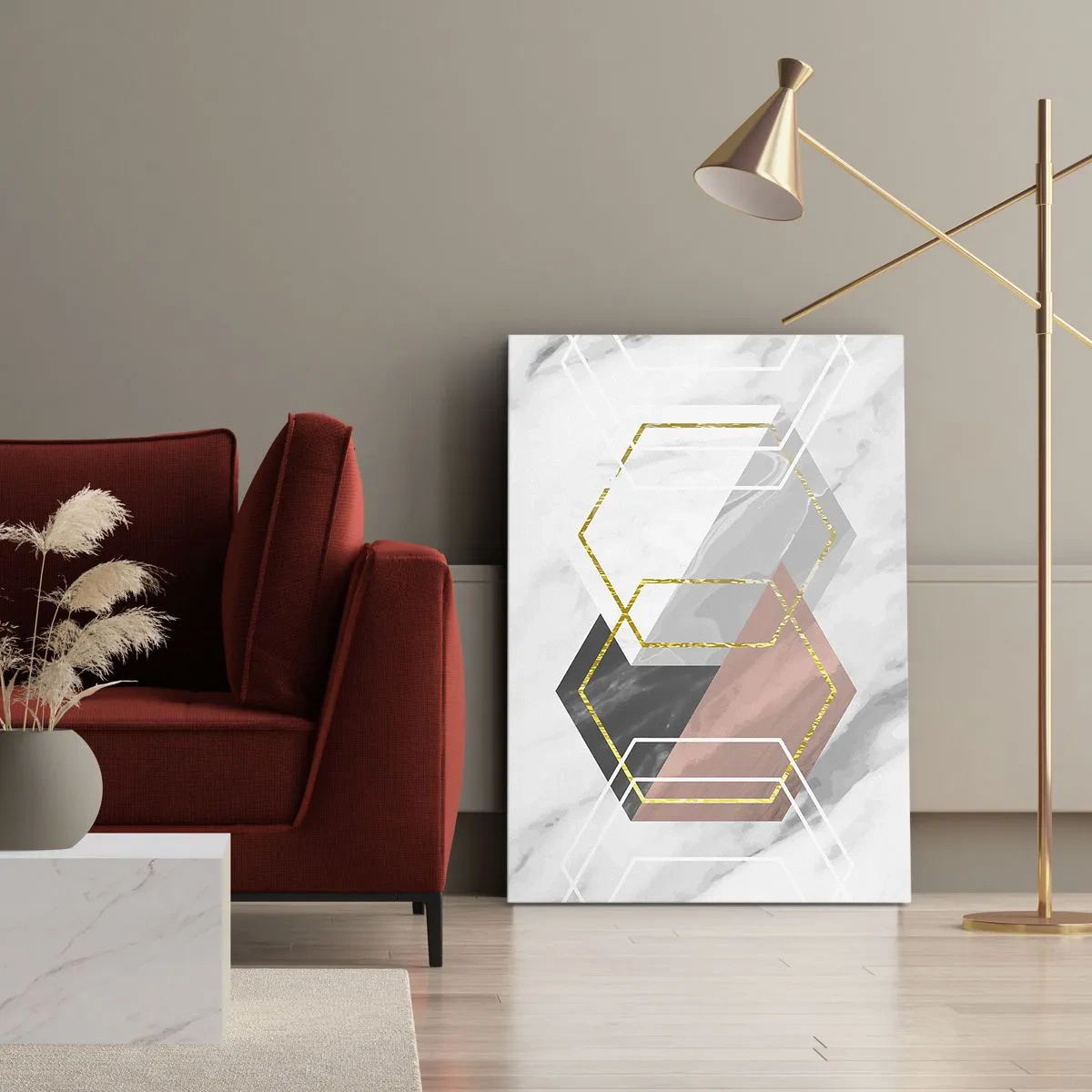 Cuadro sobre lienzo - Impresión de Imagen - Figuras geométricas con acentos dorados y de mármol. - 50x70cm - Composición en cadena - Decoración de pared moderna para salón y dormitorio ARTTOR