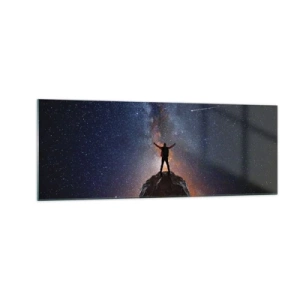 Cuadro sobre vidrio - Impresiones sobre Vidrio - Una figura en la cima de una montaña bajo un cielo estrellado. - 140x50cm - ¡El poder está conmigo! - Decoración de pared moderna para salón y dormitorio ARTTOR