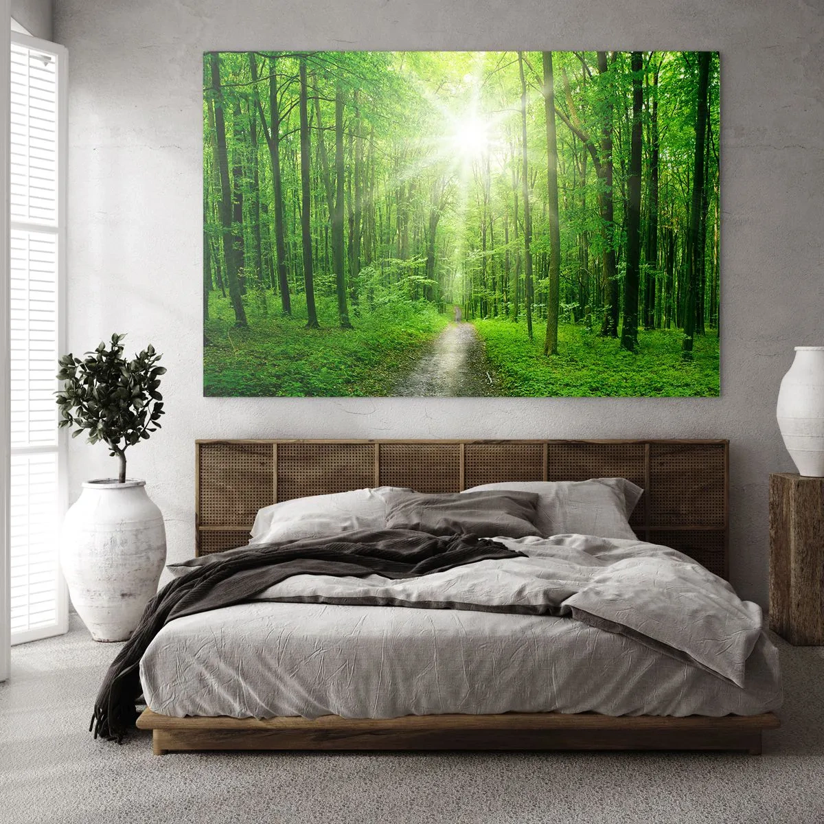 Cuadro sobre vidrio - Impresiones sobre Vidrio - Un camino en el bosque iluminado por los rayos del sol. - 100x70cm - Catedral verde - Decoración de pared moderna para salón y dormitorio ARTTOR