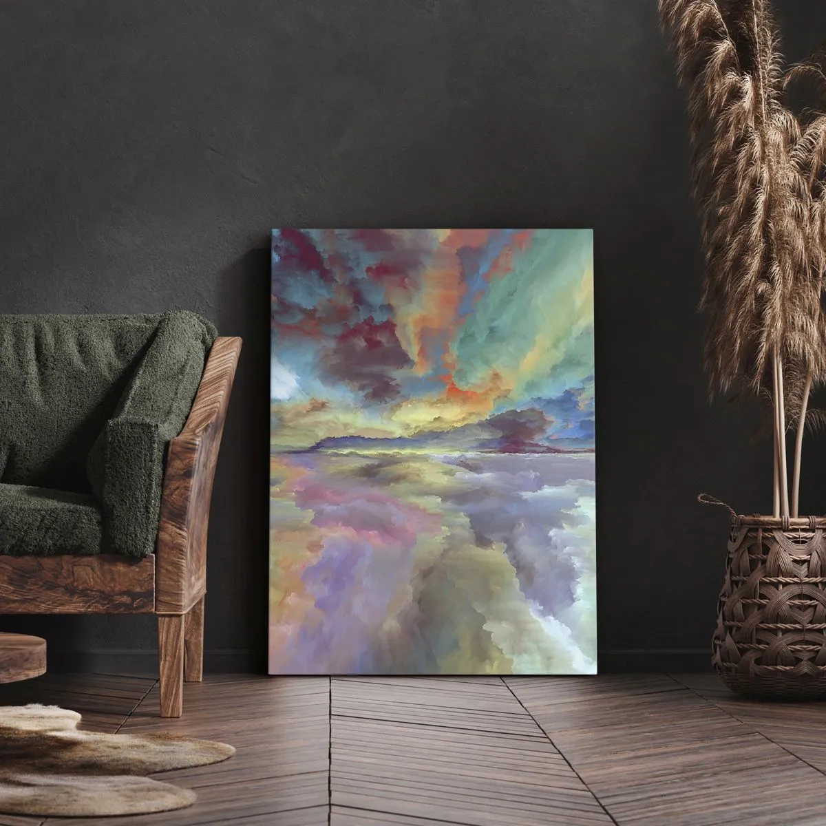Cuadro sobre lienzo - Impresión de Imagen - Paisaje de nubes colorido en estilo abstracto. - 70x100cm - Dos cielos - Decoración de pared moderna para salón y dormitorio ARTTOR