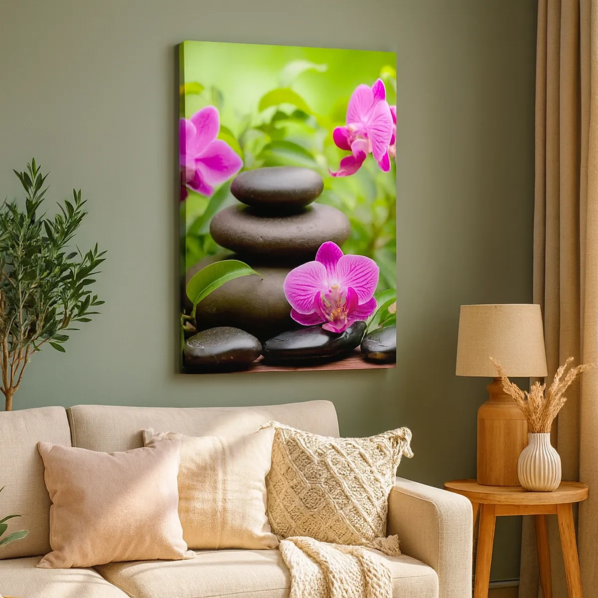 Cuadro sobre lienzo - Impresión de Imagen - Orquídeas rosas con piedras sobre un fondo verde. - 50x70cm - Una pirámide de paz - Decoración de pared moderna para salón y dormitorio ARTTOR
