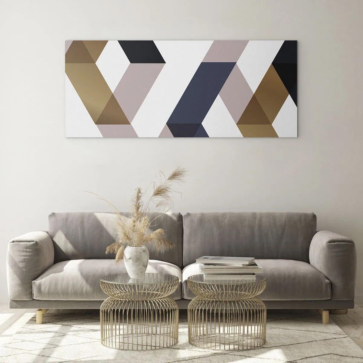 Cuadro sobre vidrio - Impresiones sobre Vidrio - Patrones geométricos en tonos dorados y azul marino. - 120x50cm - Rectas y ángulos - Decoración de pared moderna para salón y dormitorio ARTTOR