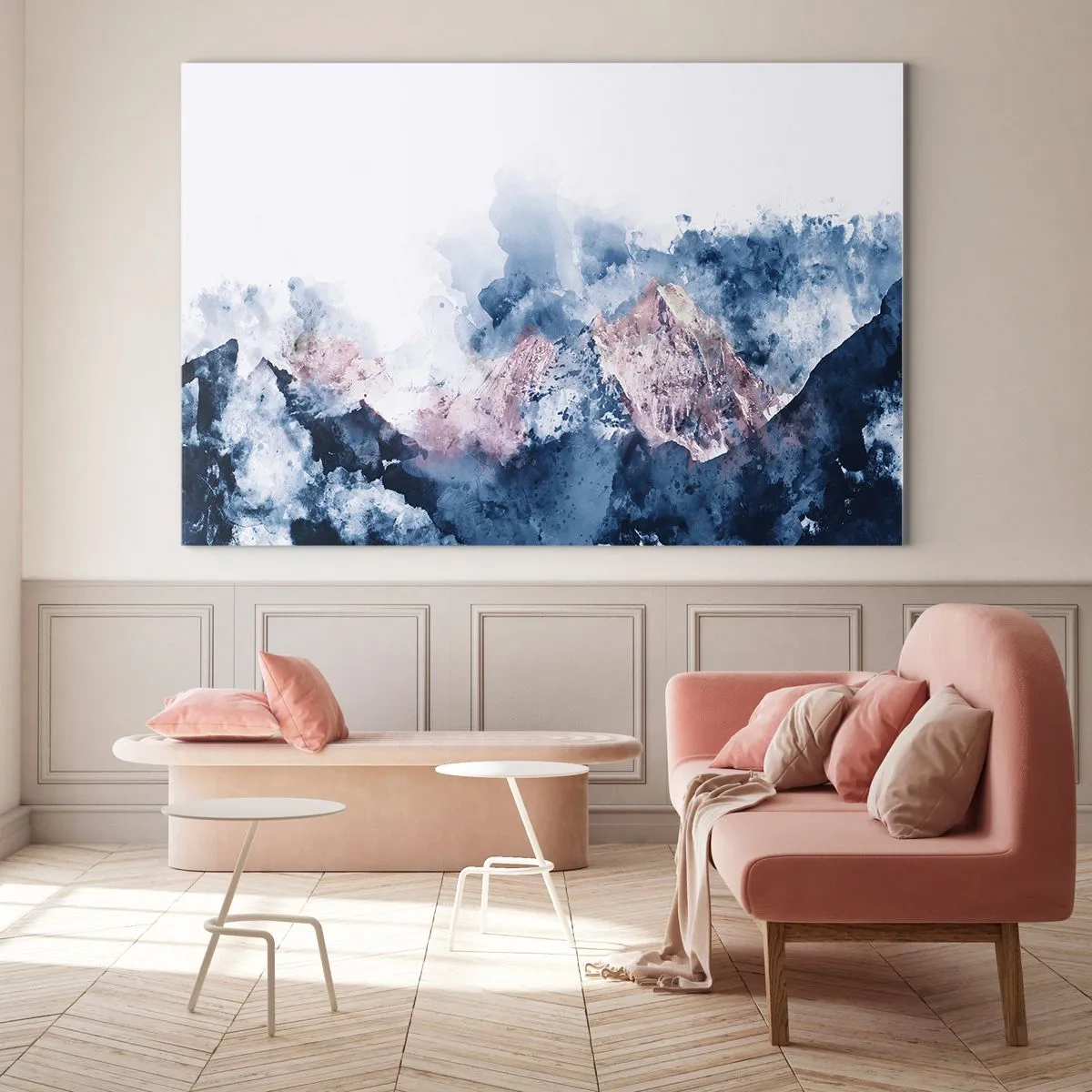 Cuadro sobre vidrio - Impresiones sobre Vidrio - Montañas de acuarela en tonos pastel de azul y rosa. - 120x80cm - El techo del mundo - Decoración de pared moderna para salón y dormitorio ARTTOR