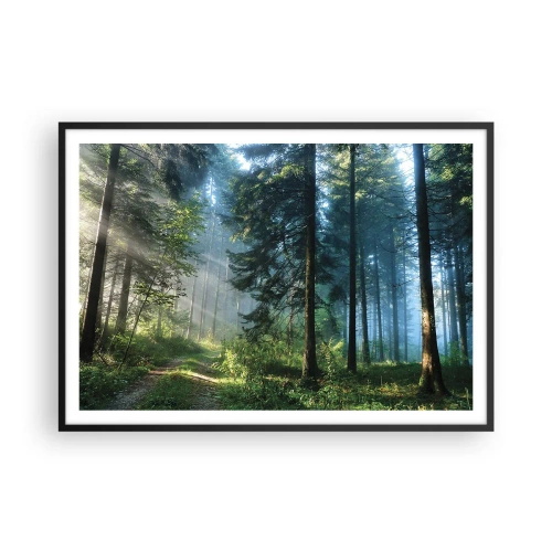 Póster en marco negro - Un sendero forestal iluminado por los rayos del sol de la mañana. - 100x70cm - Radiante por la mañana - Decoración de pared moderna para salón y dormitorio ARTTOR
