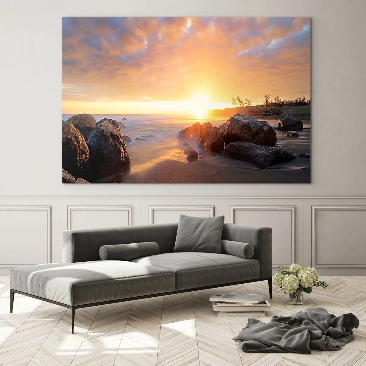 Cuadro sobre vidrio - Impresiones sobre Vidrio - Puesta de sol sobre el mar con piedras en la orilla - 120x80cm - Brisa luminosa del atardecer - Decoración de pared moderna para salón y dormitorio ARTTOR