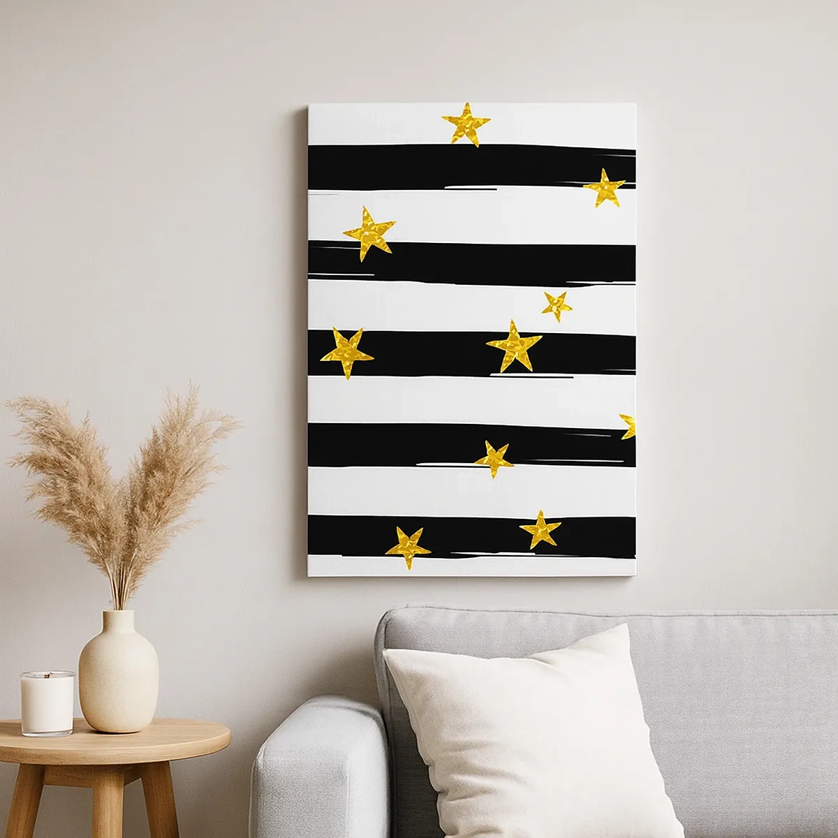 Cuadro sobre lienzo - Impresión de Imagen - Rayas blancas y negras con estrellas doradas - 50x70cm - Todos hemos nacido bajo una estrella de la suerte - Decoración de pared moderna para salón y dormitorio ARTTOR