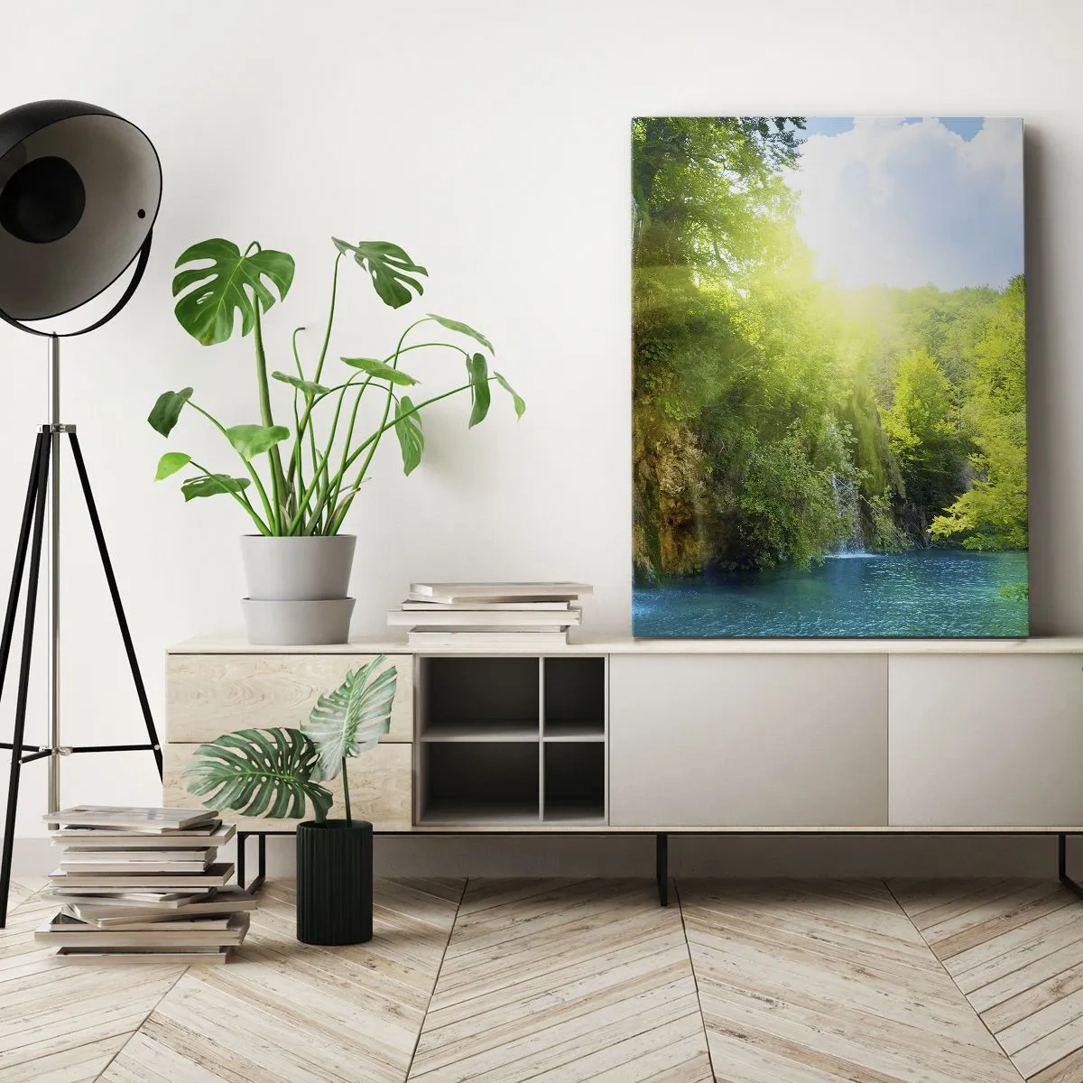 Cuadro sobre lienzo - Impresión de Imagen - Una cascada que desemboca en un lago turquesa rodeado de vegetación. - 70x100cm - Debe ser el Edén - Decoración de pared moderna para salón y dormitorio ARTTOR