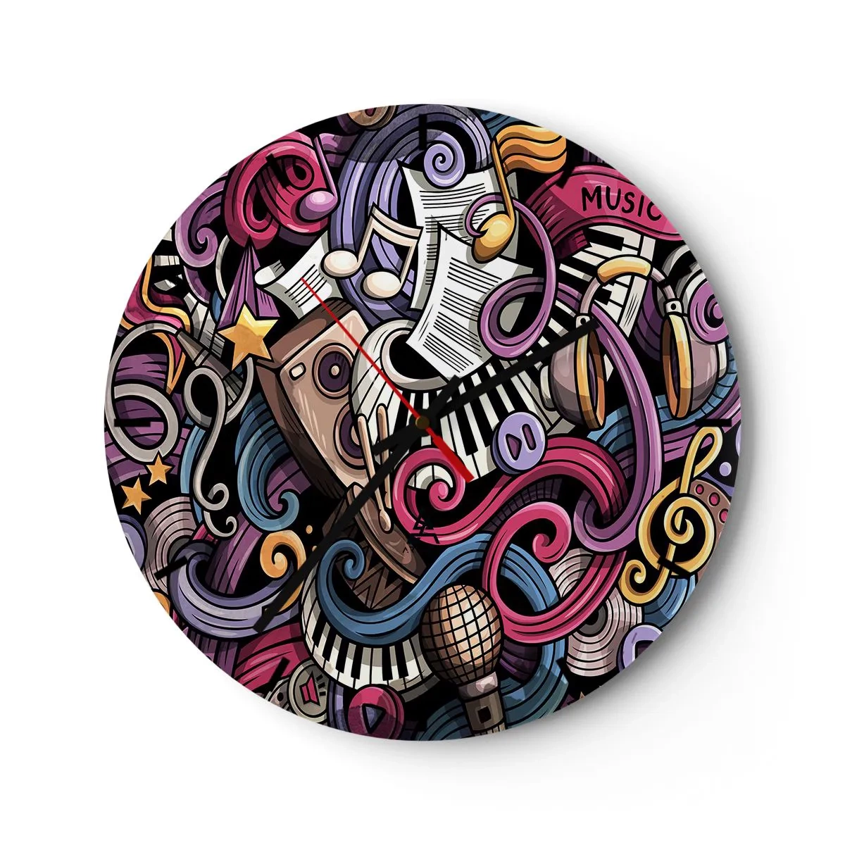 Reloj de pared - Reloj de vidrio - Composición abstracta de motivos musicales e instrumentos. - 30x30cm - Una melodía complicada - Decoración de pared moderna para salón, cocina y dormitorio ARTTOR