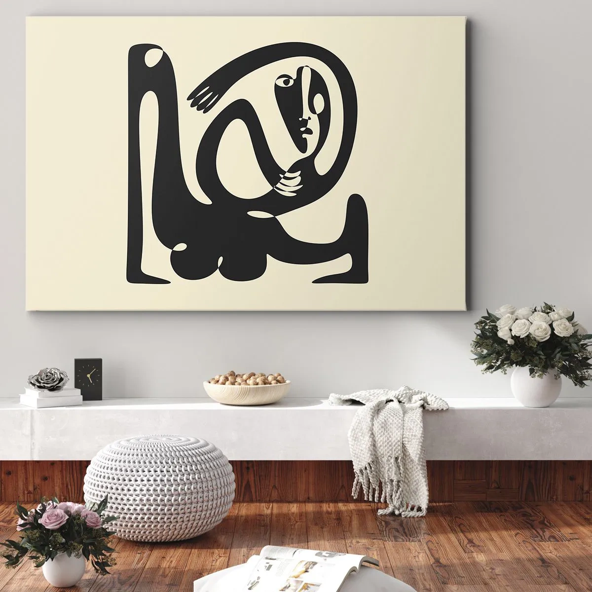 Cuadro sobre lienzo - Impresión de Imagen - Una figura abstracta en negro sobre un fondo beige. - 70x50cm - Casi Picasso - Decoración de pared moderna para salón y dormitorio ARTTOR