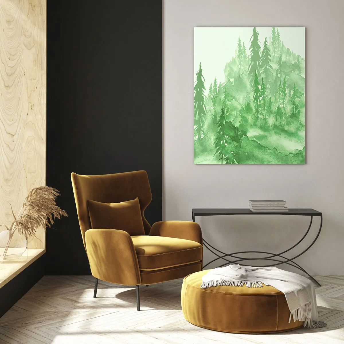 Cuadro sobre vidrio - Impresiones sobre Vidrio - Bosque verde en estilo acuarela sobre un fondo claro - 70x100cm - Difuminado con niebla verde - Decoración de pared moderna para salón y dormitorio ARTTOR