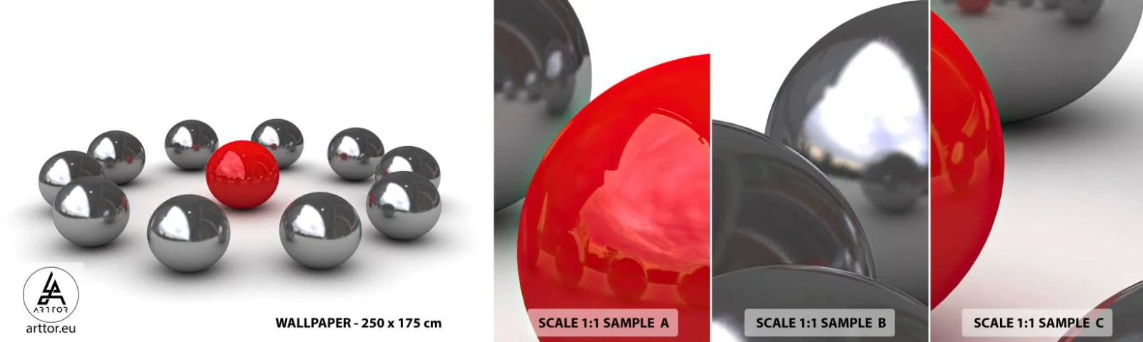 Muestra De Fotomural Standard Eco - Círculo en plata y rojo - Abstracción, 3D, Bolas redondas - 100x30 cm