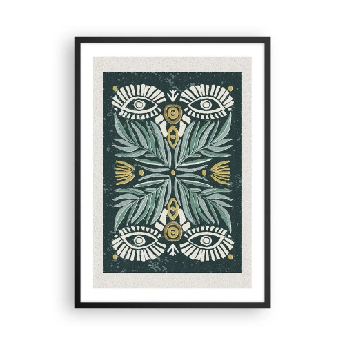 Póster en marco negro - Patrón simétrico con hojas y ojos sobre un fondo oscuro. - 50x70cm - Como un recorte folclórico - Decoración de pared moderna para salón y dormitorio ARTTOR