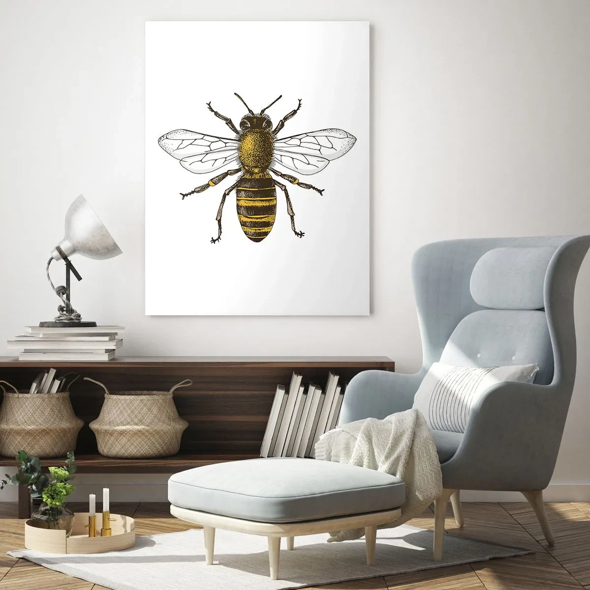 Cuadro sobre vidrio - Impresiones sobre Vidrio - Ilustración detallada de una abeja sobre un fondo blanco. - 80x120cm - Bondad natural - Decoración de pared moderna para salón y dormitorio ARTTOR