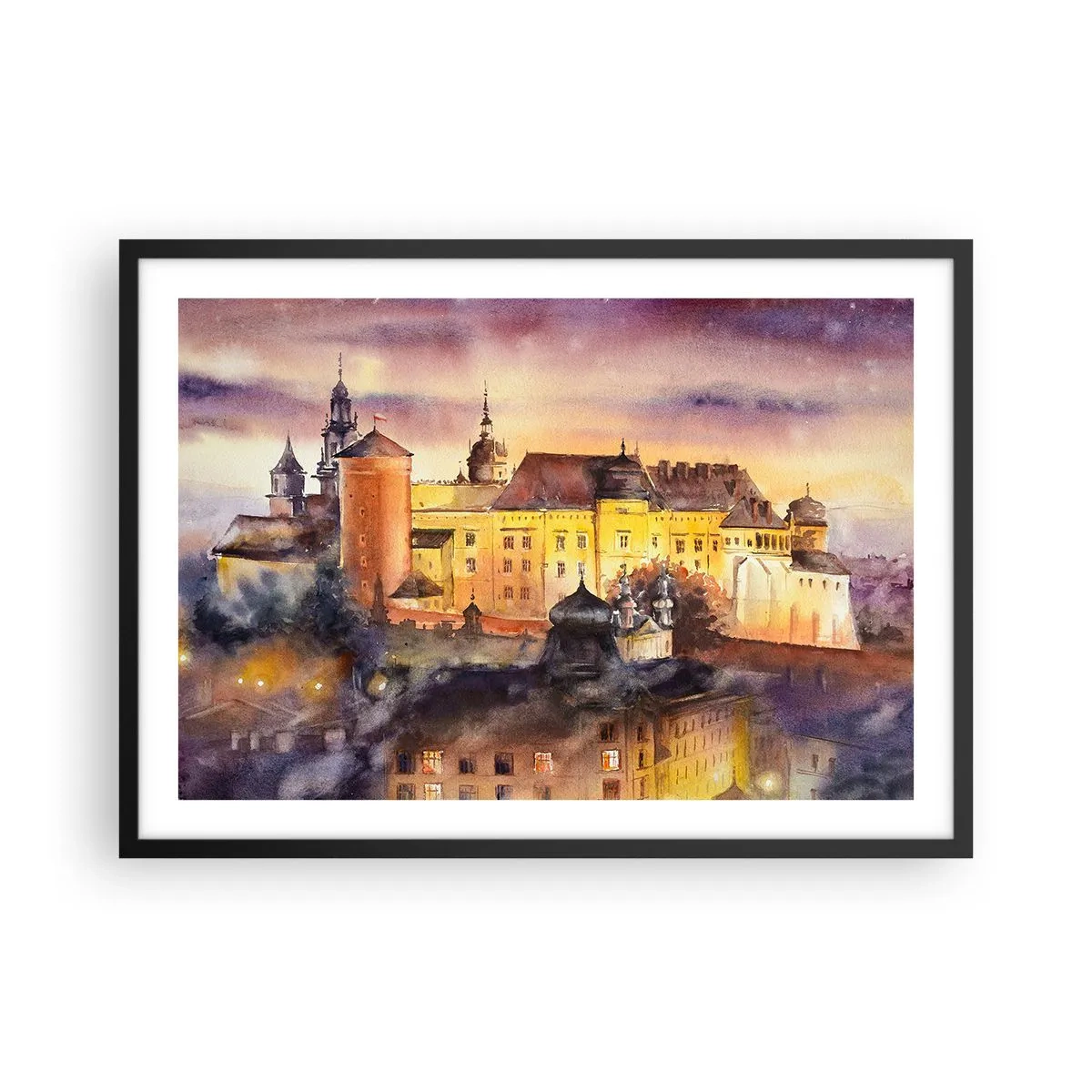 Póster en marco negro - Una pintoresca pintura de acuarela de un castillo al atardecer. - 70x50cm - Una historia y un cuento - Decoración de pared moderna para salón y dormitorio ARTTOR