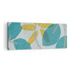 Cuadro sobre lienzo - Impresión de Imagen - Hojas en tonos turquesa y amarillo sobre un fondo claro. - 120x50cm - Entre hojas azules - Decoración de pared moderna para salón y dormitorio ARTTOR