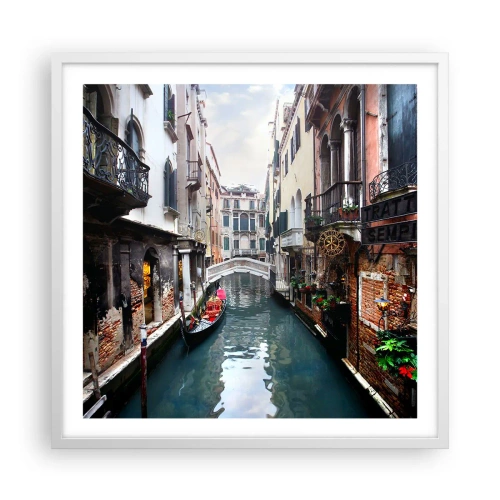 Póster en marco blanco - Paisaje veneciano con góndola y puente - 60x60 cm