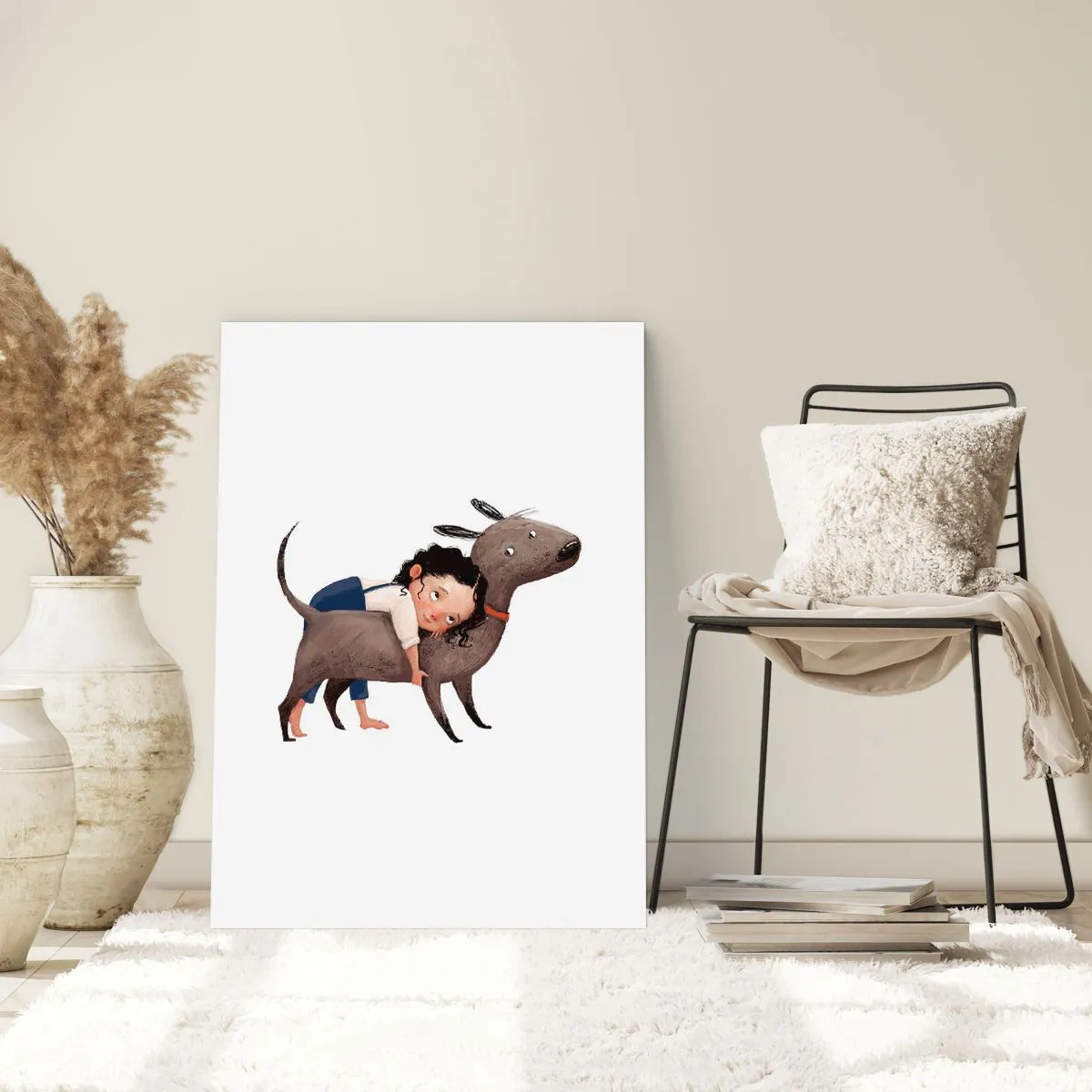 Póster - Ilustración de un niño abrazando a un perro sobre un fondo blanco. - 50x70cm - Mejores amigos - Decoración de pared moderna para salón y dormitorio ARTTOR