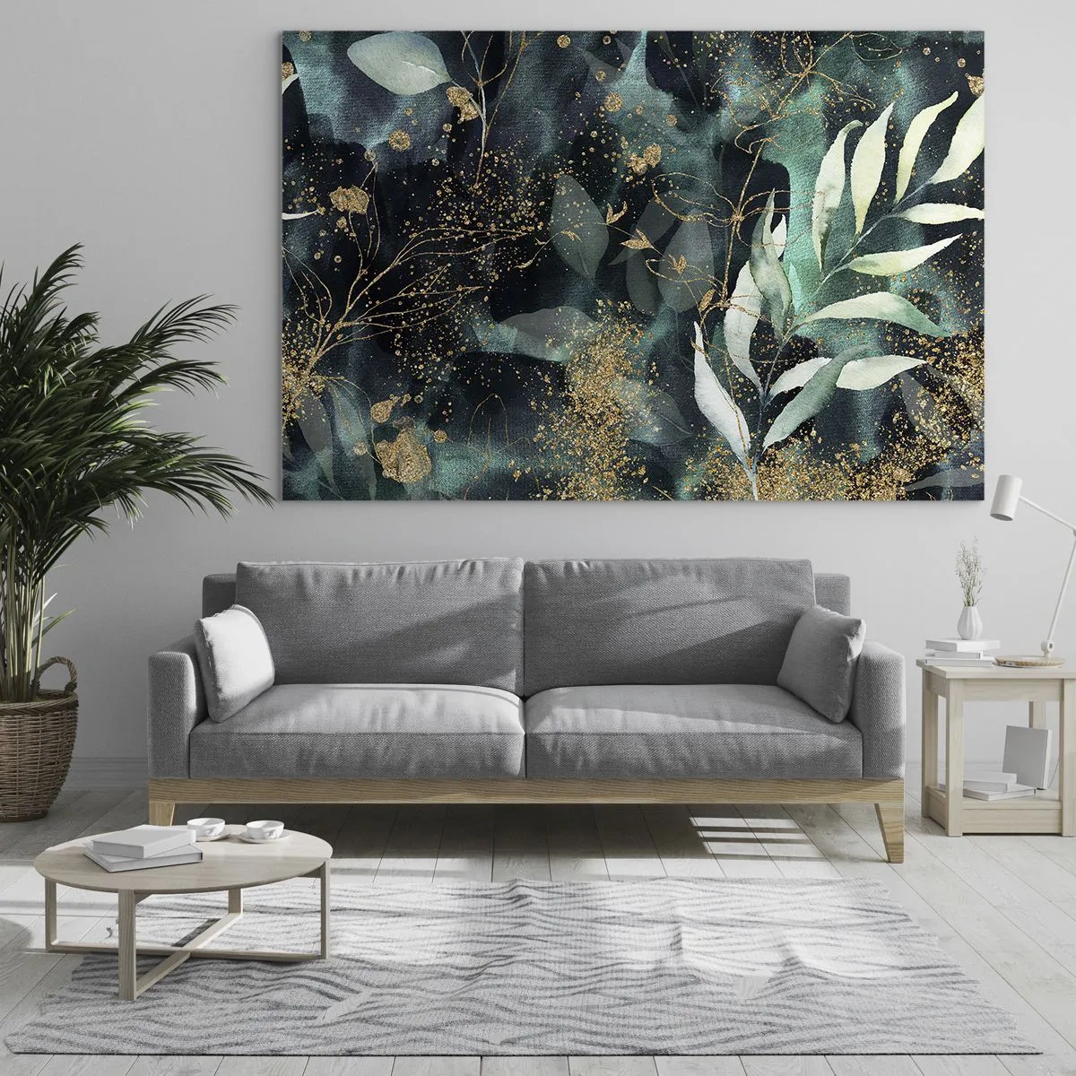 Cuadro sobre vidrio - Impresiones sobre Vidrio - Hojas doradas y verdes sobre un fondo oscuro. - 70x50cm - Jardín encantado - Decoración de pared moderna para salón y dormitorio ARTTOR
