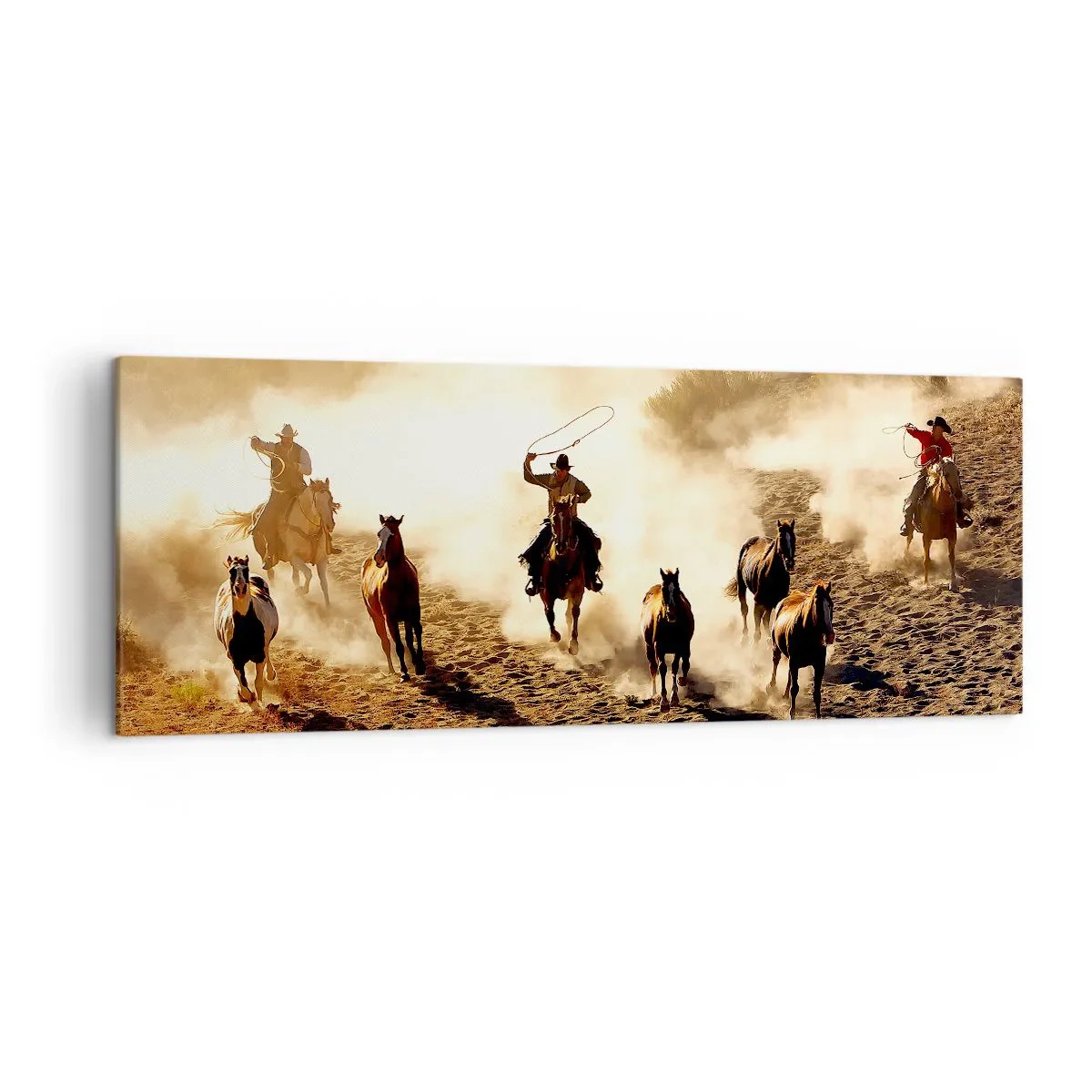 Cuadro sobre lienzo - Impresión de Imagen - Vaqueros a caballo en acción en el terreno desértico. - 140x50cm - El salvaje oeste - Decoración de pared moderna para salón y dormitorio ARTTOR
