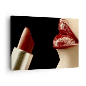 Cuadro sobre lienzo - Impresión de Imagen - Labios rojos y lápiz labial sobre un fondo negro. - 70x50cm - Sensualidad y brillo del carmín - Decoración de pared moderna para salón y dormitorio ARTTOR
