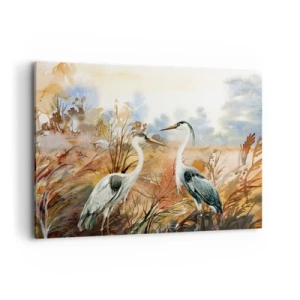 Cuadro sobre lienzo - Impresión de Imagen - Dos garzas sobre el fondo de un paisaje otoñal. - 100x70cm - ¿A dónde nos dirigimos en otoño? - Decoración de pared moderna para salón y dormitorio ARTTOR