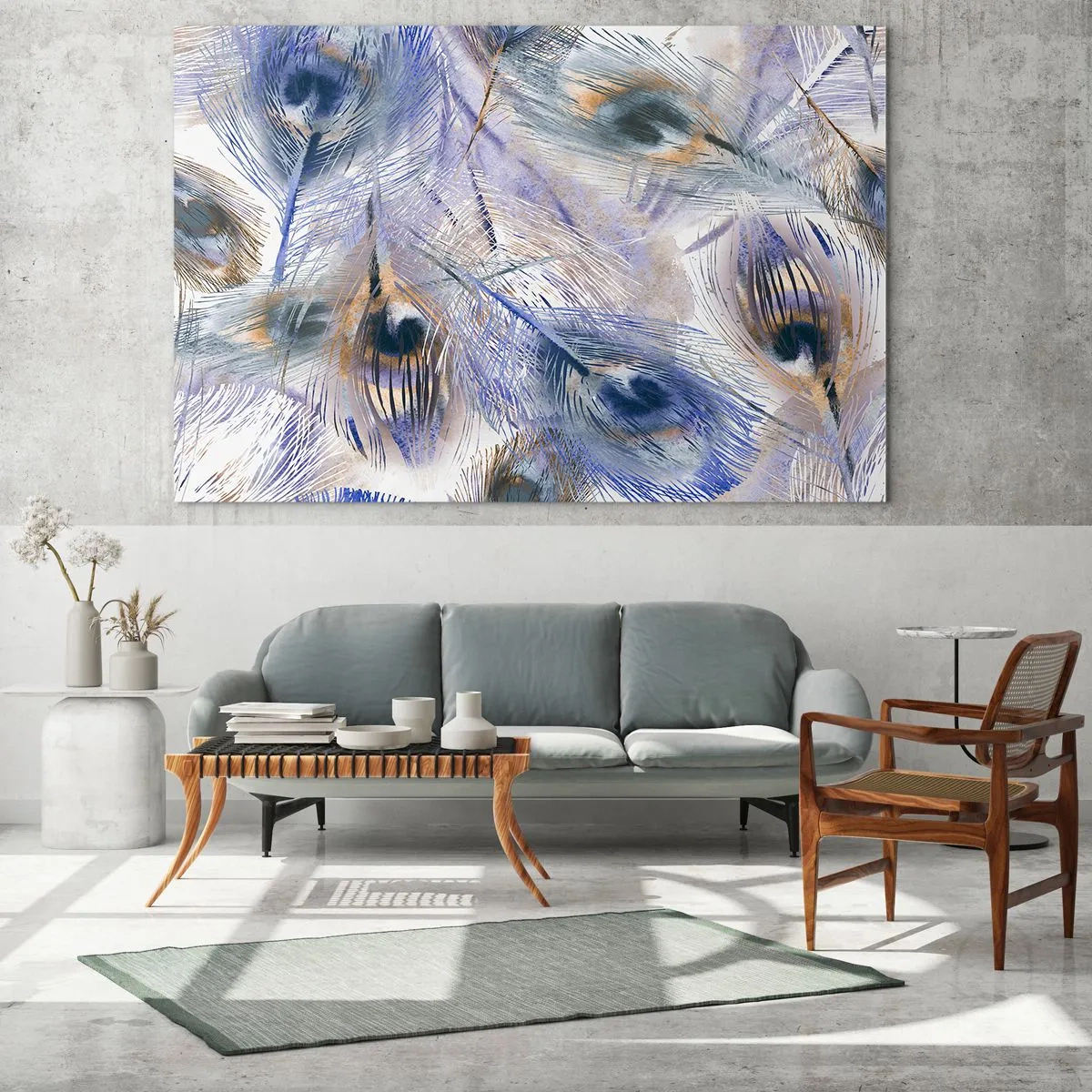 Cuadro sobre vidrio - Impresiones sobre Vidrio - Delicadas plumas de pavo real en tonos azules y marrones. - 70x50cm - Composición - Decoración de pared moderna para salón y dormitorio ARTTOR