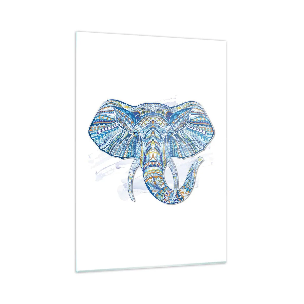 Cuadro sobre vidrio - Impresiones sobre Vidrio - Elefante azul en estilo artístico con patrones geométricos. - 50x70cm - Con incrustaciones de oro y azul - Decoración de pared moderna para salón y dormitorio ARTTOR
