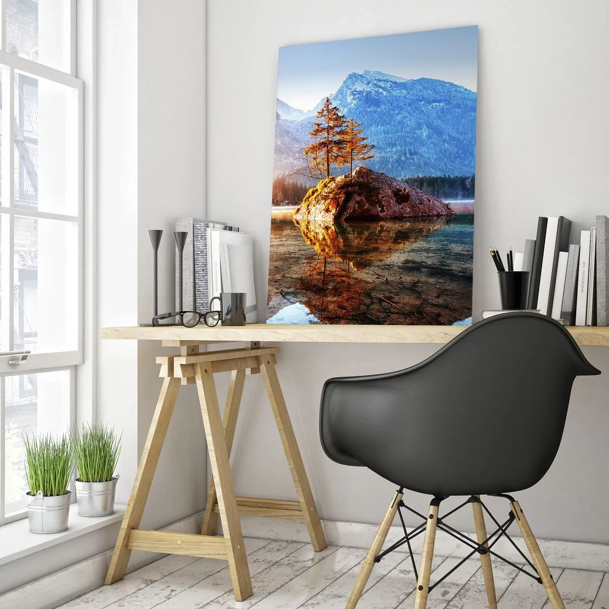Cuadro sobre vidrio - Impresiones sobre Vidrio - Un lago con islas y montañas al fondo al amanecer. - 70x100cm - La naturaleza bajo la luz - Decoración de pared moderna para salón y dormitorio ARTTOR