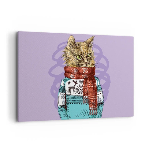Cuadro sobre lienzo - Impresión de Imagen - Un gato con un suéter y una bufanda sobre un fondo morado. - 100x70cm - El gato no solo tenía botas - Decoración de pared moderna para salón y dormitorio ARTTOR