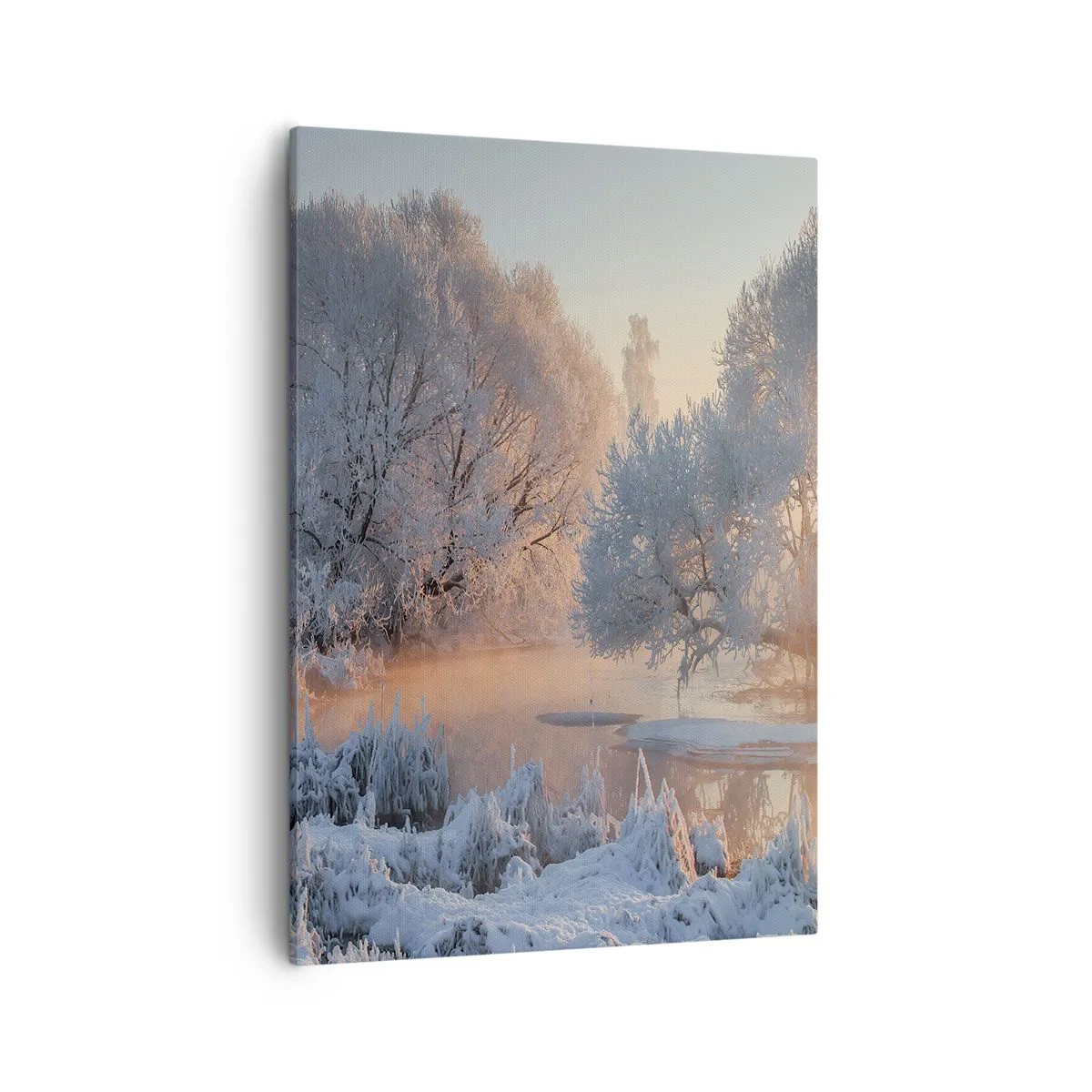 Cuadro sobre lienzo - Impresión de Imagen - Paisaje invernal con árboles cubiertos de nieve y una puesta de sol. - 50x70cm - Brillo cristalino - Decoración de pared moderna para salón y dormitorio ARTTOR