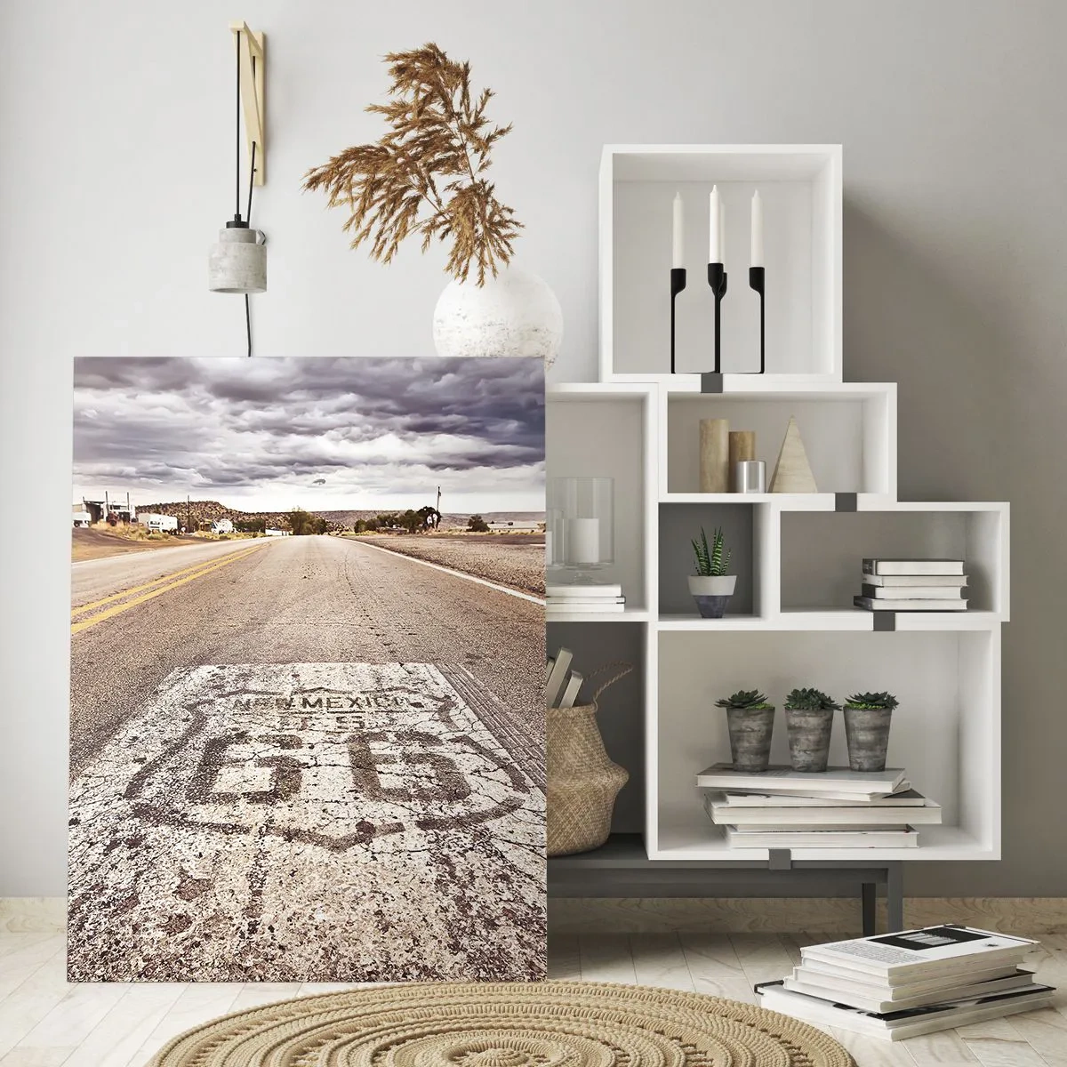 Cuadro sobre vidrio - Impresiones sobre Vidrio - Ruta 66 en un clima desértico con un cielo pintoresco - 70x100cm - Mother Road: una leyenda americana - Decoración de pared moderna para salón y dormitorio ARTTOR