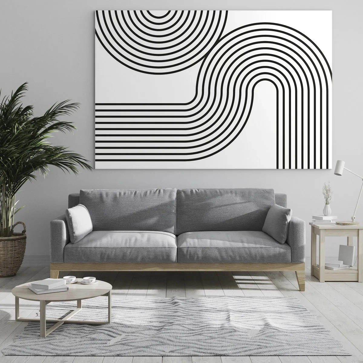 Cuadro sobre vidrio - Impresiones sobre Vidrio - Gráficos en blanco y negro con líneas paralelas curvas. - 70x50cm - En una curva - Decoración de pared moderna para salón y dormitorio ARTTOR