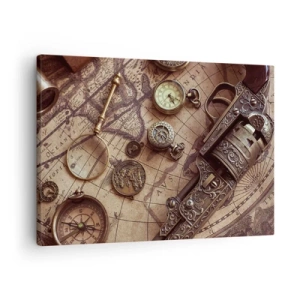 Cuadro sobre lienzo - Impresión de Imagen - Objetos antiguos en un mapa antiguo en estilo retro. - 70x50cm - La aventura llama - Decoración de pared moderna para salón y dormitorio ARTTOR